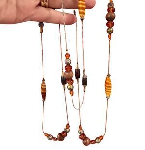 Vintage beaded necklace long single loop art glass beads gold chain brown tan
